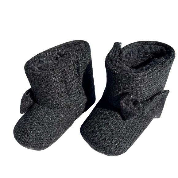 myggpp Baby Infant Booties Ankle Boots with Bow Black Soft Sole Fleece Lined - Picture 1 of 9
